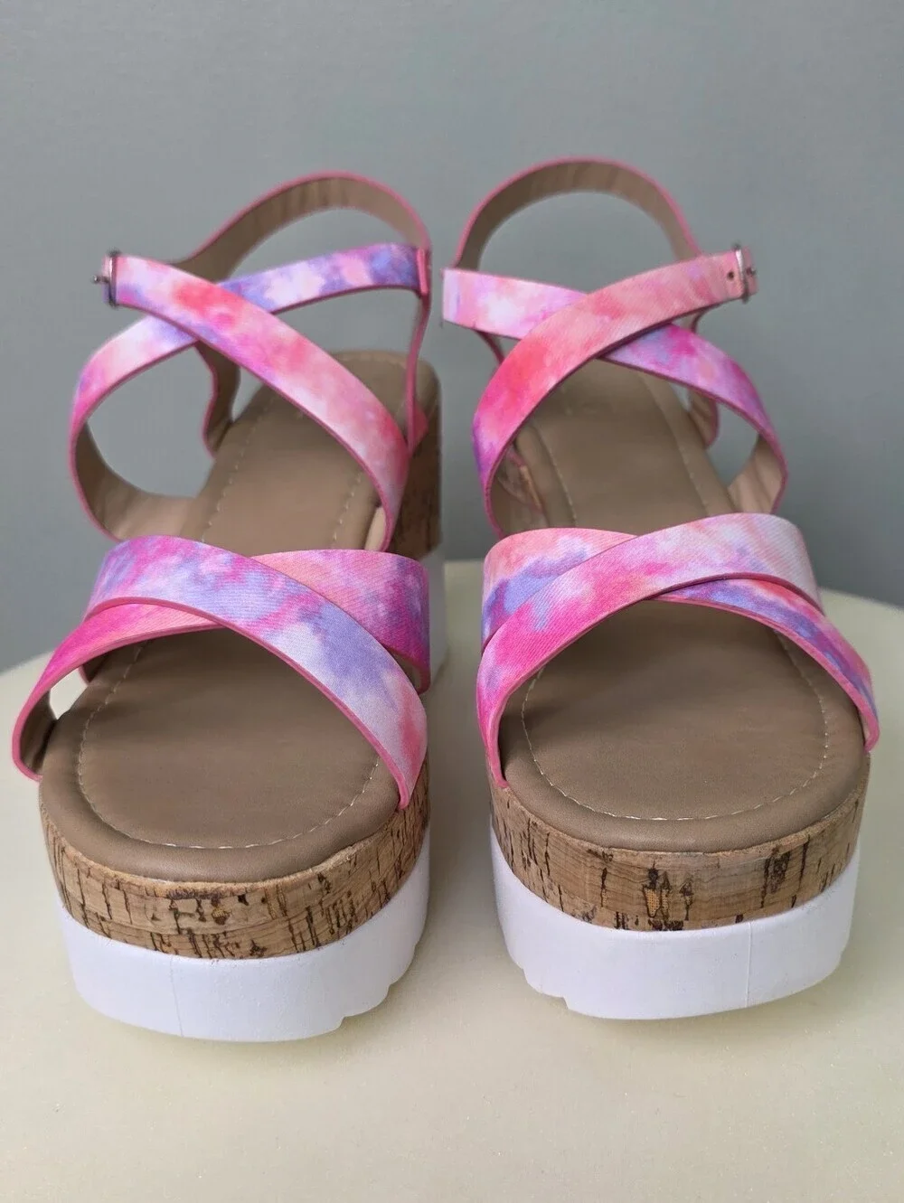 YOKI Jackie Pink Purple Tie Dye Strappy Platform Cork Wedge Sandals NEW Size 7.5